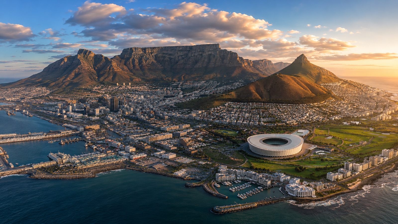 Aerial view of Cape Town, South Africa, at golden hour